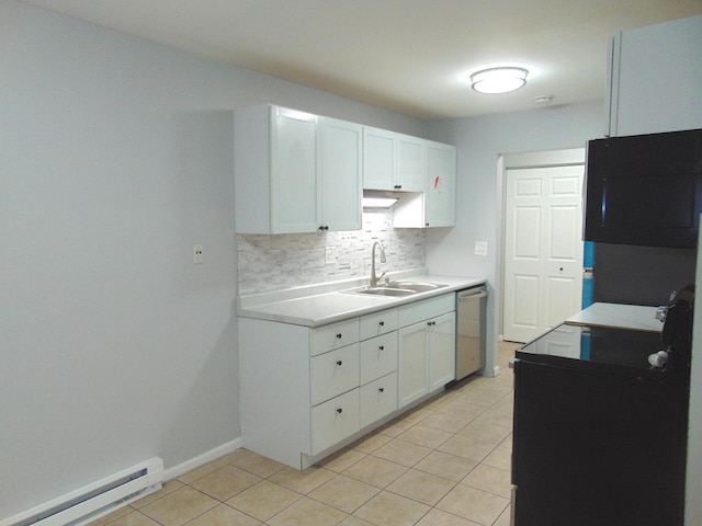 kitchen featuring decorative backsplash, stainless steel dishwasher, sink, a baseboard radiator, and white cabinetry