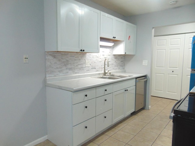 kitchen with white cabinetry, dishwasher, sink, backsplash, and light tile patterned floors