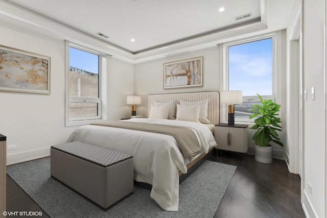 bedroom featuring a raised ceiling, multiple windows, and dark hardwood / wood-style flooring