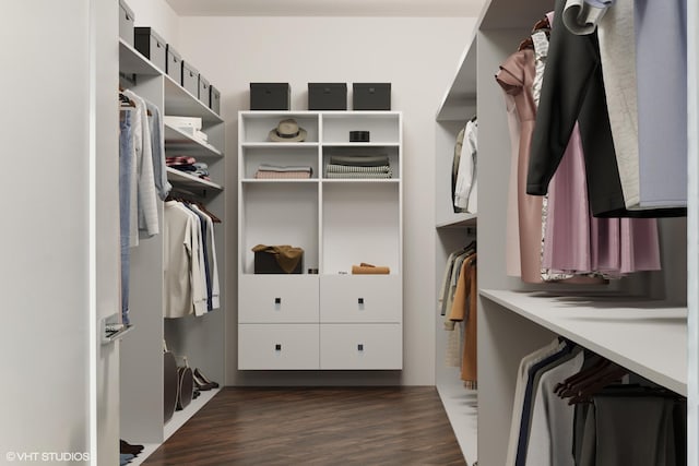 walk in closet with dark hardwood / wood-style floors