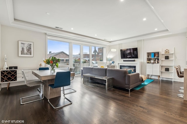 living room featuring a raised ceiling and dark wood-type flooring