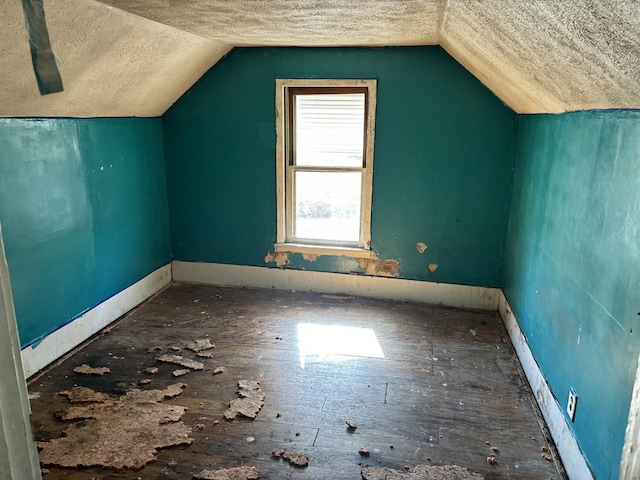 additional living space with a textured ceiling and vaulted ceiling