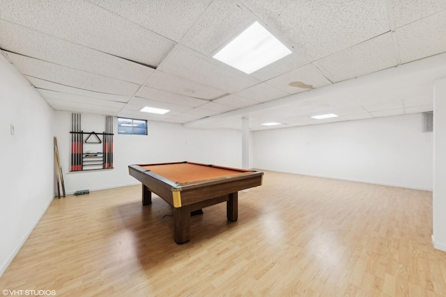 rec room featuring a paneled ceiling, wood-type flooring, and pool table