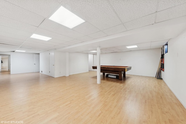 game room featuring a paneled ceiling, light hardwood / wood-style flooring, and pool table