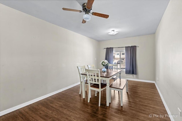 dining area featuring ceiling fan and dark hardwood / wood-style floors