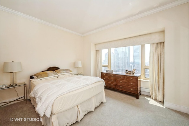 bedroom with crown molding and light carpet