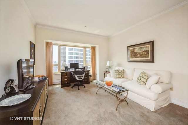 carpeted office space with crown molding