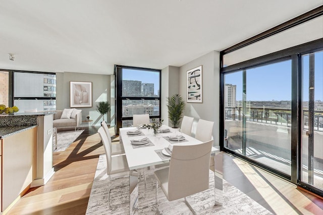 dining room featuring light hardwood / wood-style flooring and a wall of windows