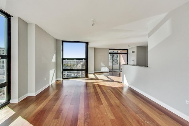 unfurnished room featuring floor to ceiling windows, plenty of natural light, and hardwood / wood-style flooring