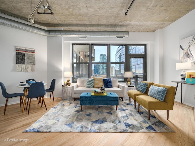 living area with rail lighting and hardwood / wood-style floors