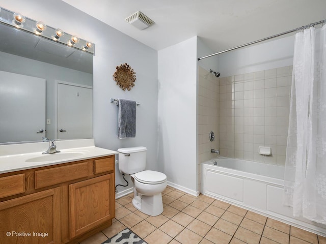 full bathroom with toilet, vanity, tile patterned floors, and shower / bath combination with curtain