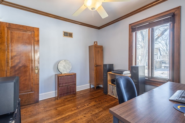 home office with crown molding, ceiling fan, and dark hardwood / wood-style flooring