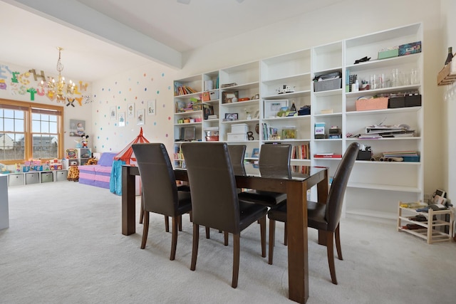 dining space with light carpet, beam ceiling, and a notable chandelier