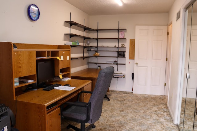 carpeted office space with a textured ceiling