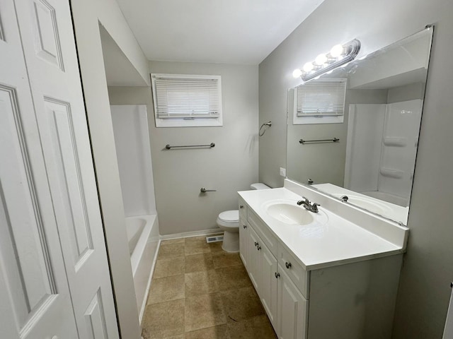 full bathroom with vanity, toilet, and bathing tub / shower combination