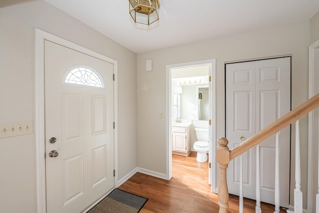 entrance foyer with hardwood / wood-style flooring and sink