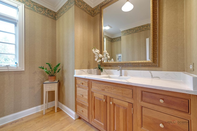 bathroom with vanity, wood-type flooring, and ornamental molding