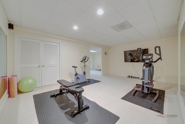 workout room with a paneled ceiling and carpet floors