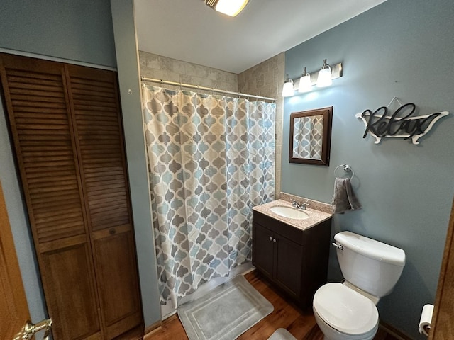 bathroom with a shower with curtain, vanity, wood-type flooring, and toilet