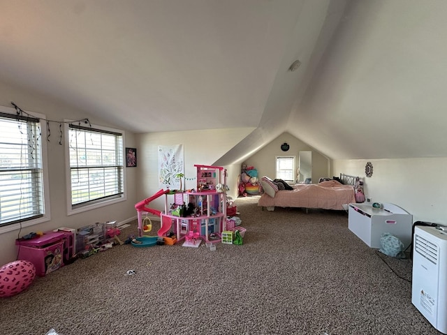 carpeted bedroom with lofted ceiling and multiple windows