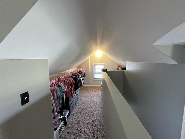 bedroom featuring carpet flooring and lofted ceiling