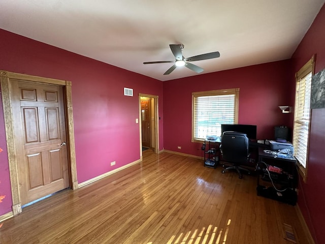 office space featuring ceiling fan and wood-type flooring