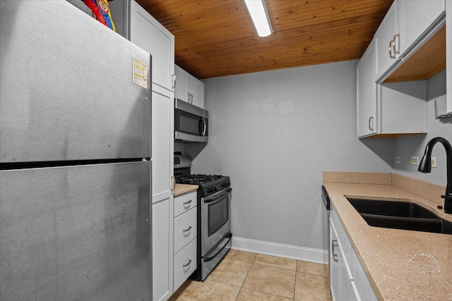 kitchen with white cabinets, sink, light tile patterned flooring, wood ceiling, and stainless steel appliances