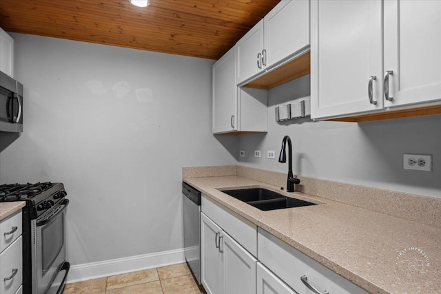 kitchen with white cabinetry, wooden ceiling, sink, and appliances with stainless steel finishes