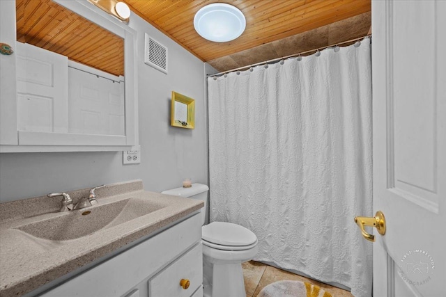 bathroom featuring tile patterned floors, vanity, toilet, and wooden ceiling