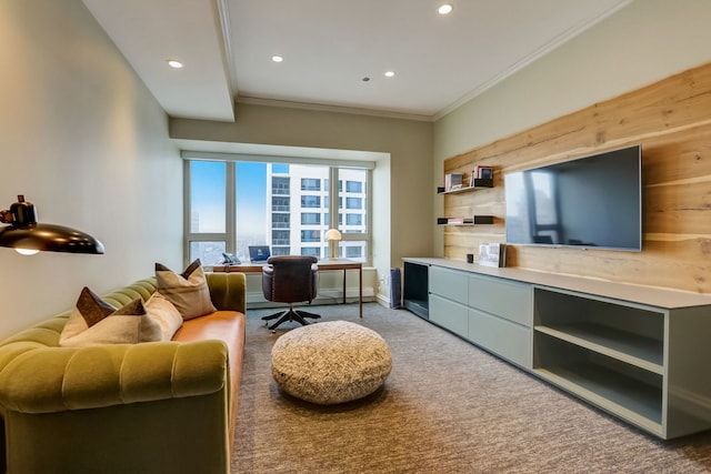 living room featuring carpet and ornamental molding