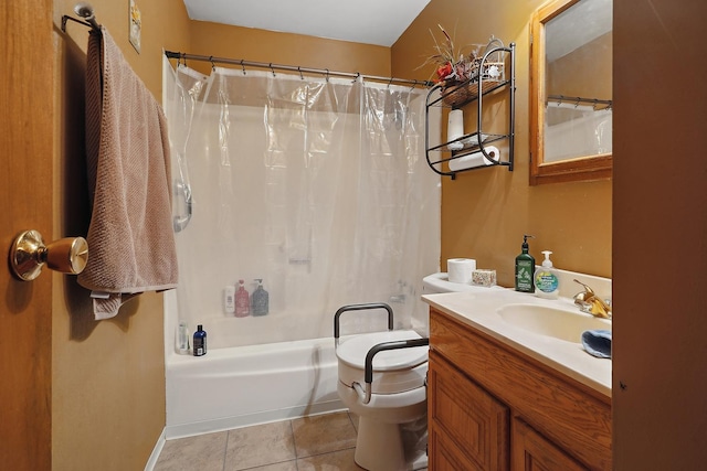 full bathroom featuring tile patterned flooring, vanity, toilet, and shower / tub combo with curtain