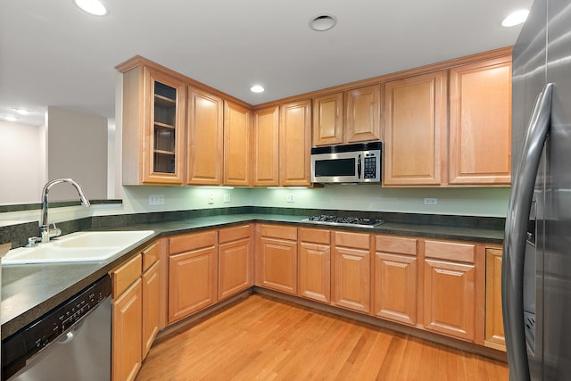 kitchen featuring stainless steel appliances, light hardwood / wood-style flooring, and sink