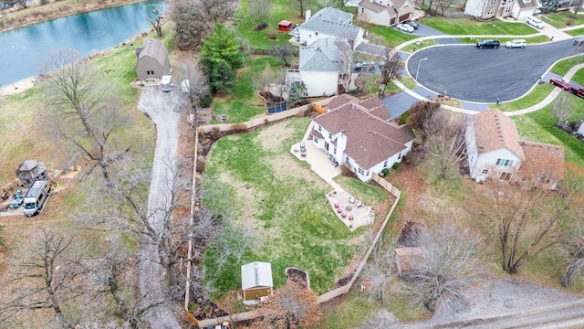 drone / aerial view featuring a water view