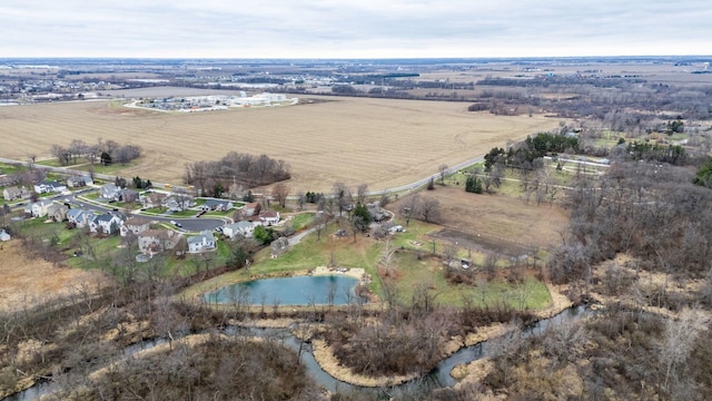 bird's eye view with a water view and a rural view