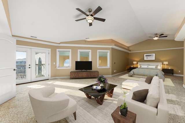 carpeted bedroom featuring ceiling fan, access to exterior, lofted ceiling, and french doors