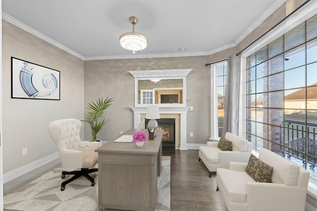 office area with ornamental molding and hardwood / wood-style flooring