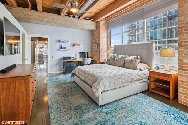 bedroom with dark hardwood / wood-style floors, wooden ceiling, ceiling fan, and beam ceiling