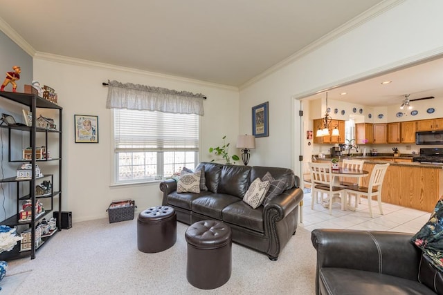 carpeted living room featuring sink and crown molding