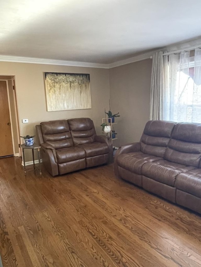 living room with hardwood / wood-style flooring and crown molding