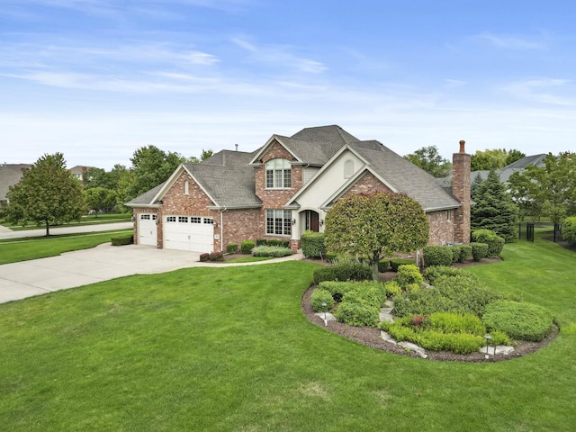 craftsman inspired home featuring a front lawn and a garage