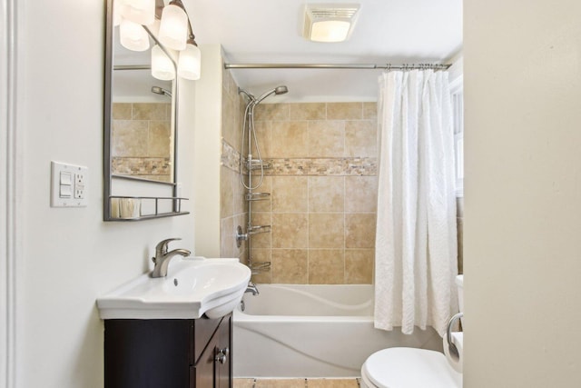 full bath featuring toilet, vanity, and shower / bathtub combination with curtain
