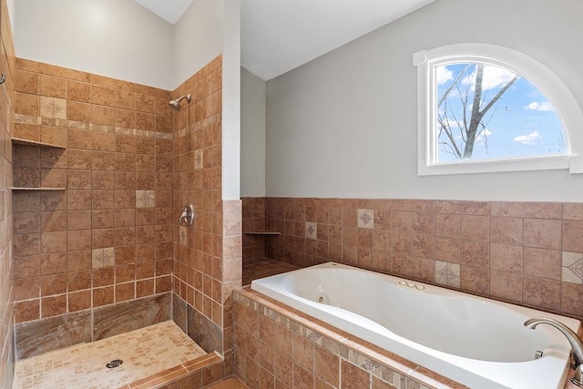 bathroom with shower with separate bathtub