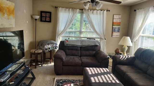 carpeted living room with ceiling fan and a healthy amount of sunlight