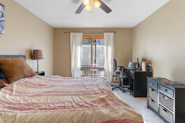 bedroom with light colored carpet and ceiling fan