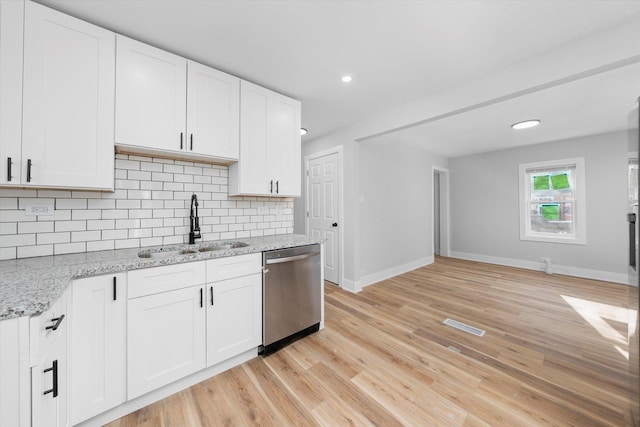 kitchen featuring stainless steel dishwasher, light stone counters, white cabinets, and sink