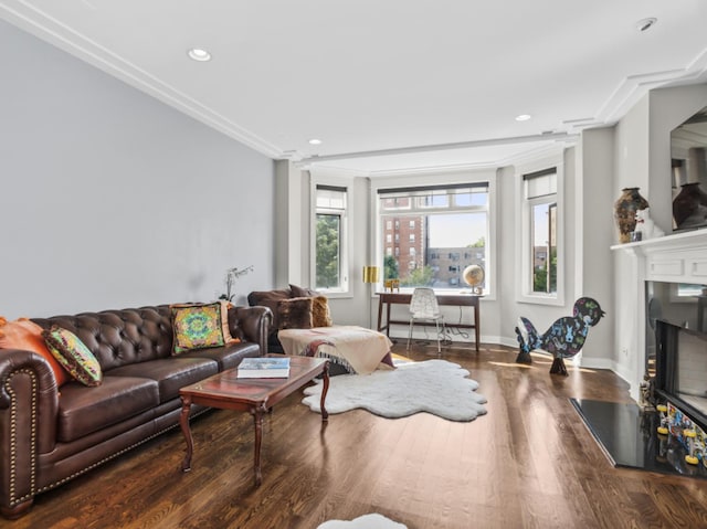 living room featuring dark hardwood / wood-style flooring and crown molding