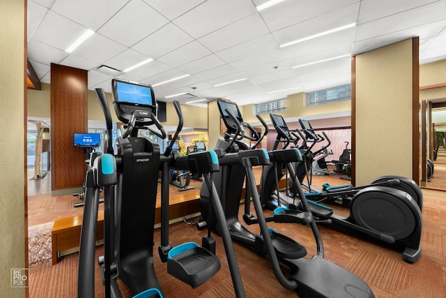 exercise room featuring a drop ceiling