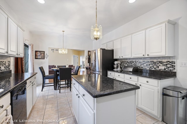 kitchen with white cabinetry, stainless steel fridge with ice dispenser, and black dishwasher