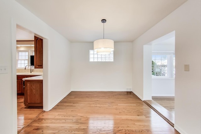 unfurnished dining area with light hardwood / wood-style floors and sink