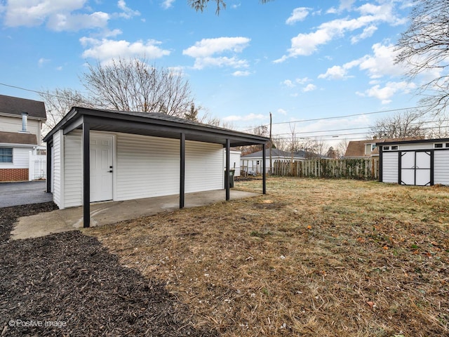 exterior space with a storage shed